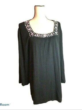Lane Bryant Womens Black Embellished Tunic Top *18/20W Long Sleeve Cotton Blend